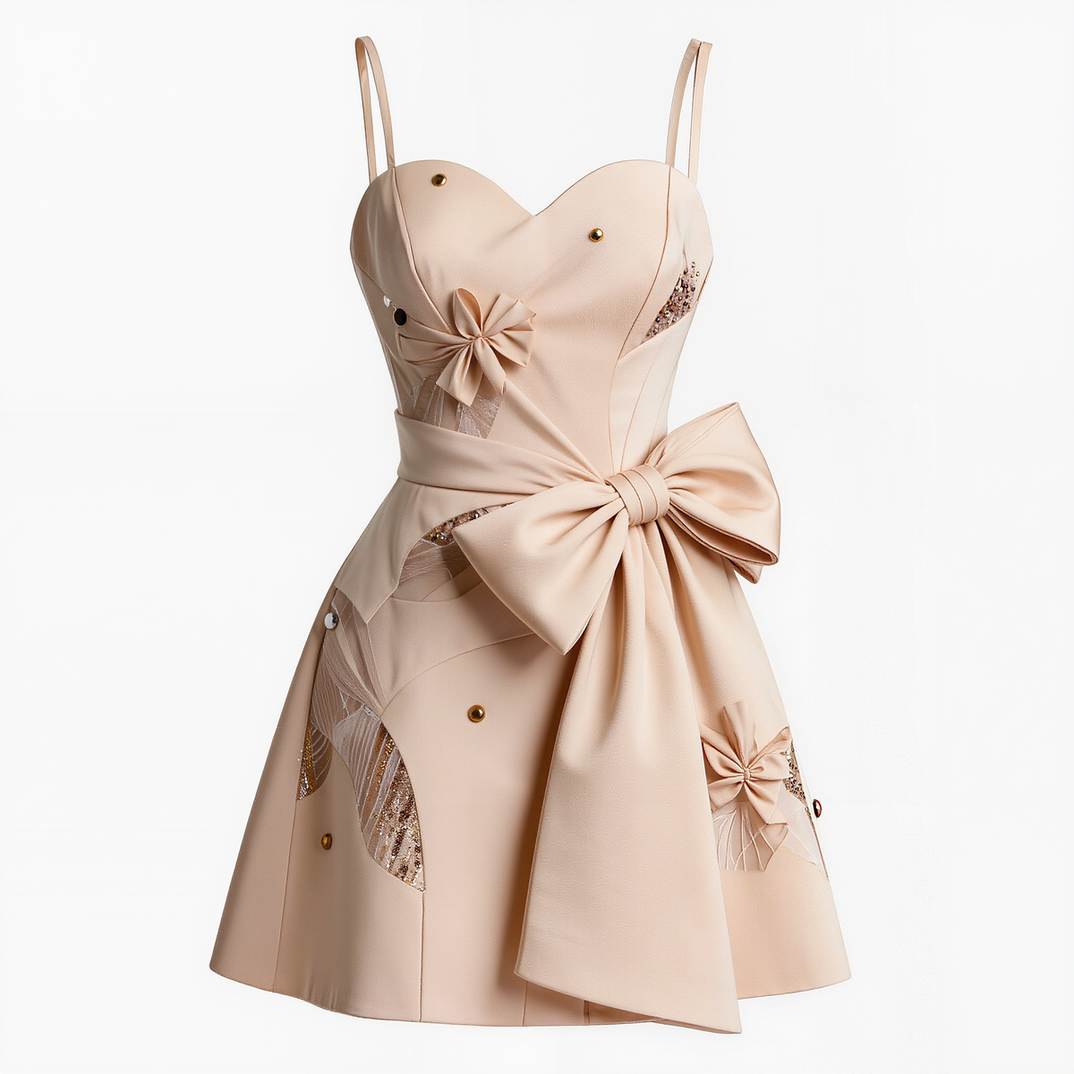 Women’s Champagne Bow Appliqué Mini Dress – Sweetheart Neckline Embellished A-Line Party Dress