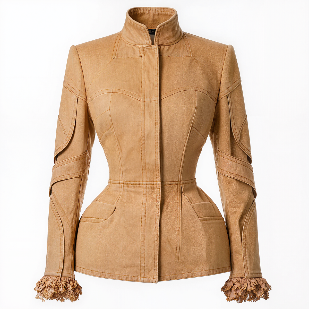 Women’s Camel Faux Leather Jacket – Stand-Collar Fitted Peplum Coat with Sculpted Seams and Lace Cuffs