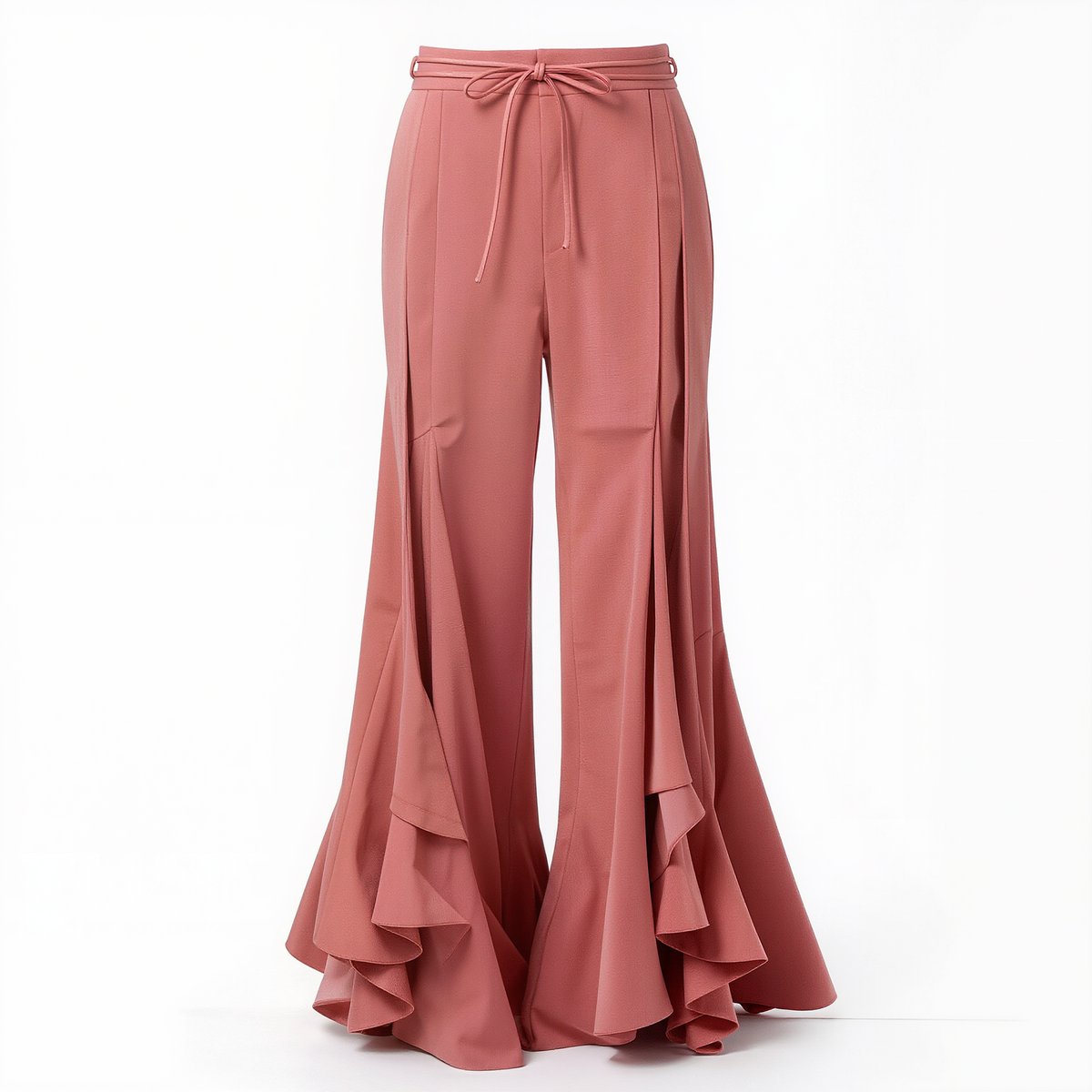 Women’s Dusty Rose High-Waisted Flare Pants – Tie-Belt Bell-Bottom Trousers with Cascading Ruffle Panels