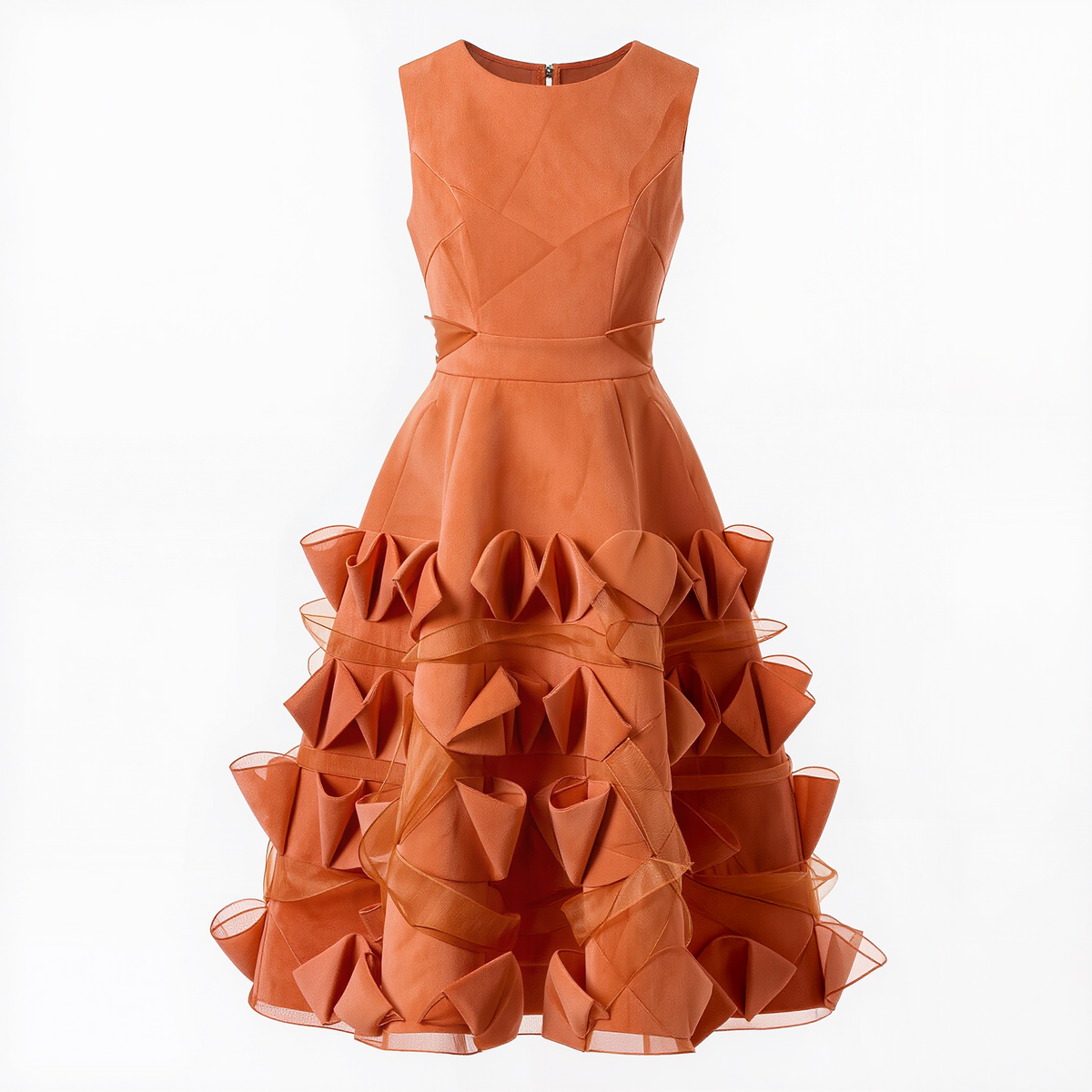 Women’s Burnt Orange 3D Ruffle Maxi Dress – Sleeveless High-Waist Tiered A-Line Formal Gown