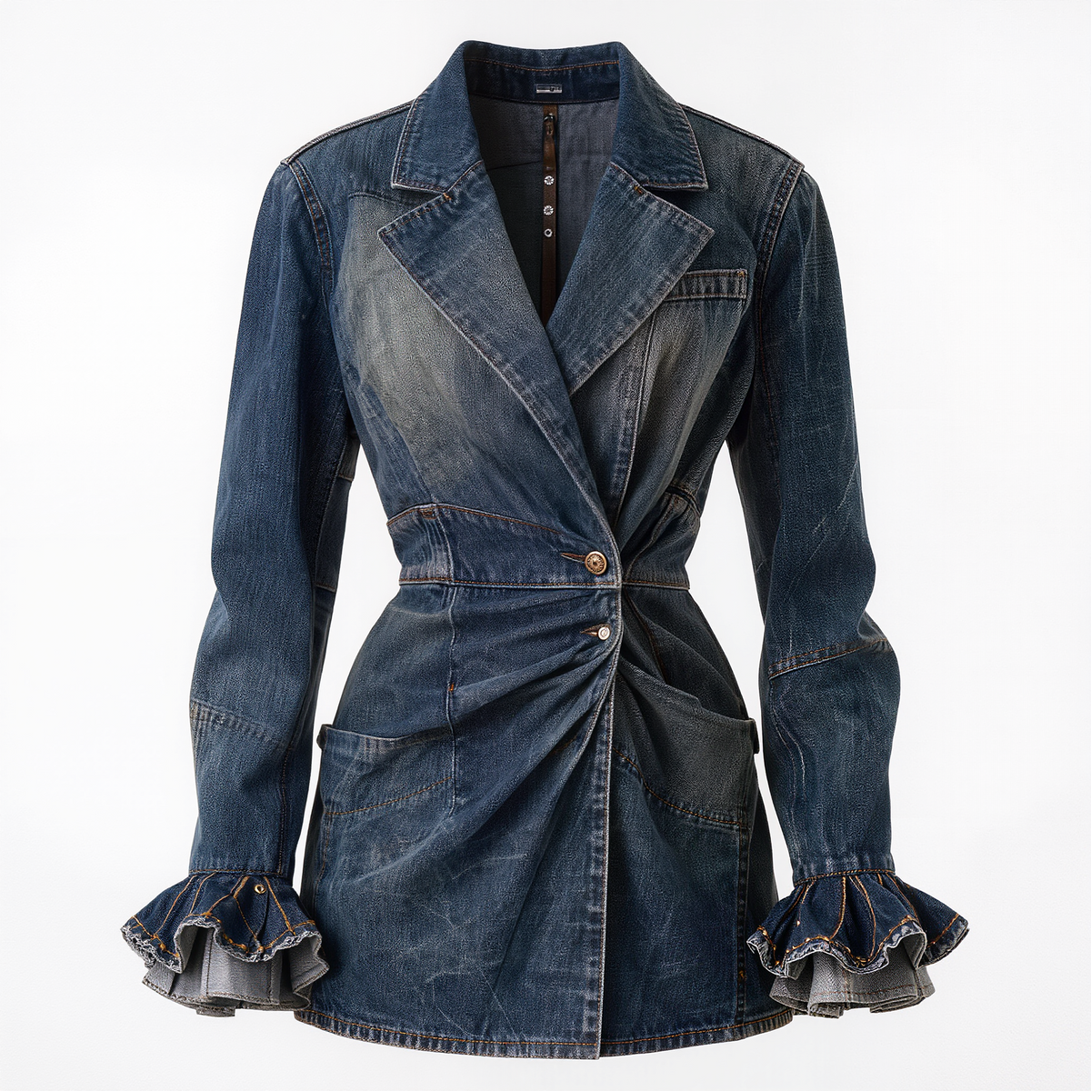 Women’s Vintage Washed Denim Blazer – Notched Lapel Ruched-Waist Long Jacket with Layered Ruffle Cuffs