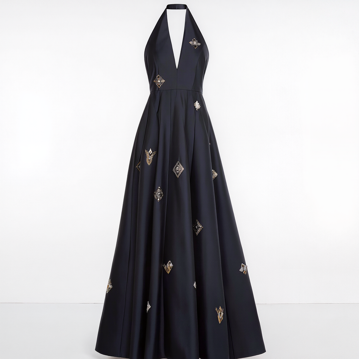 Women’s Black Halter-Neck Embellished Maxi Dress – Deep V-Neck High-Waist A-Line Formal Evening Gown