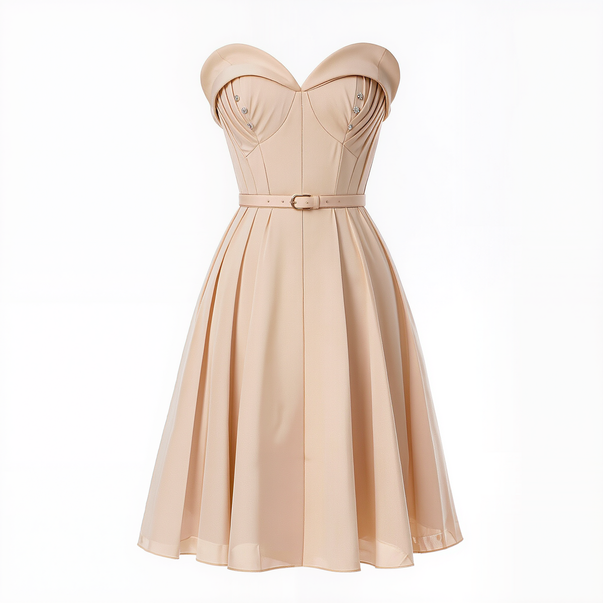 Women’s Champagne Strapless Midi Dress – Sweetheart Neckline, High-Waist A-Line Formal Party Dress