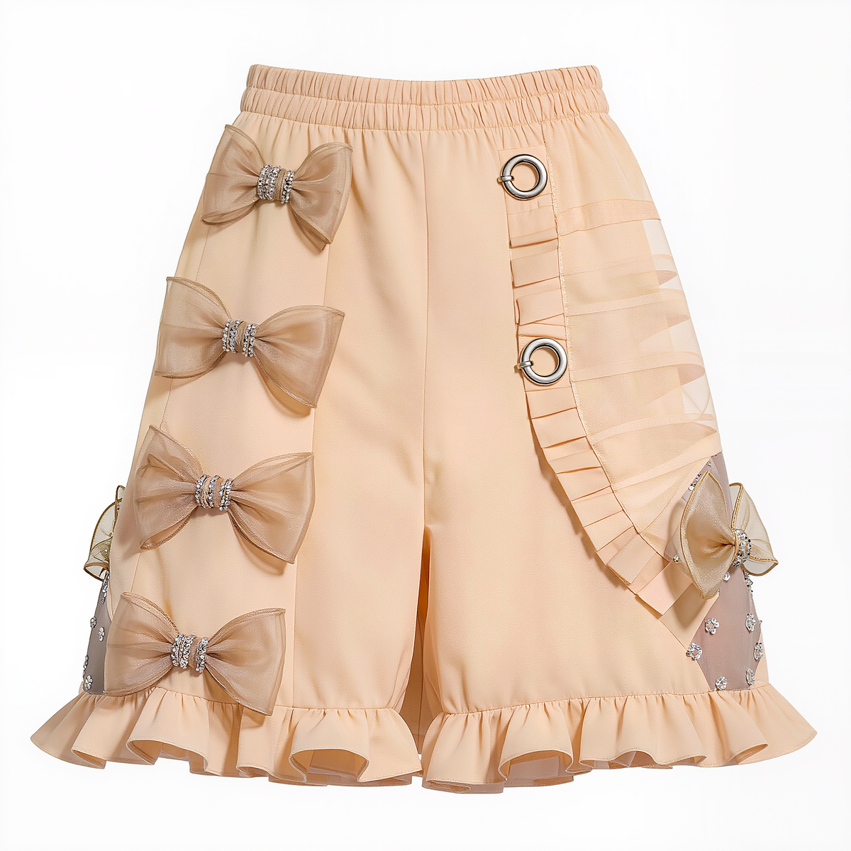 Women’s Apricot Bow-Embellished Shorts – Elastic-Waist Ruffle-Hem Dressy Shorts with Rhinestones and Sheer Mesh Overlay