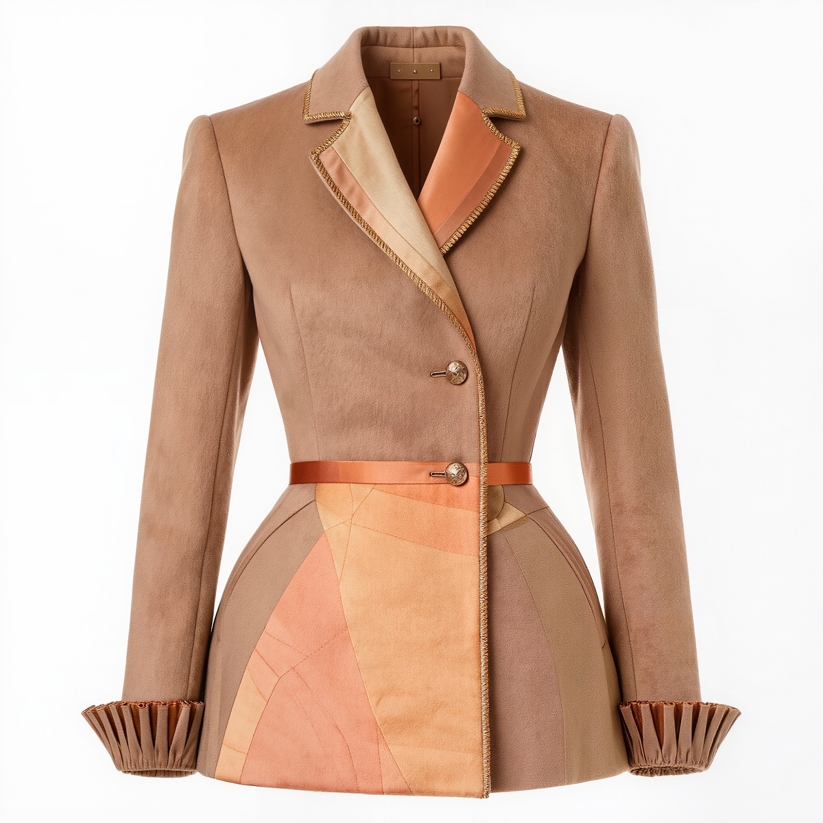 Women’s Camel Color-Block Tailored Blazer – Asymmetric Button Long-Sleeve Peplum Jacket with Pleated Cuffs