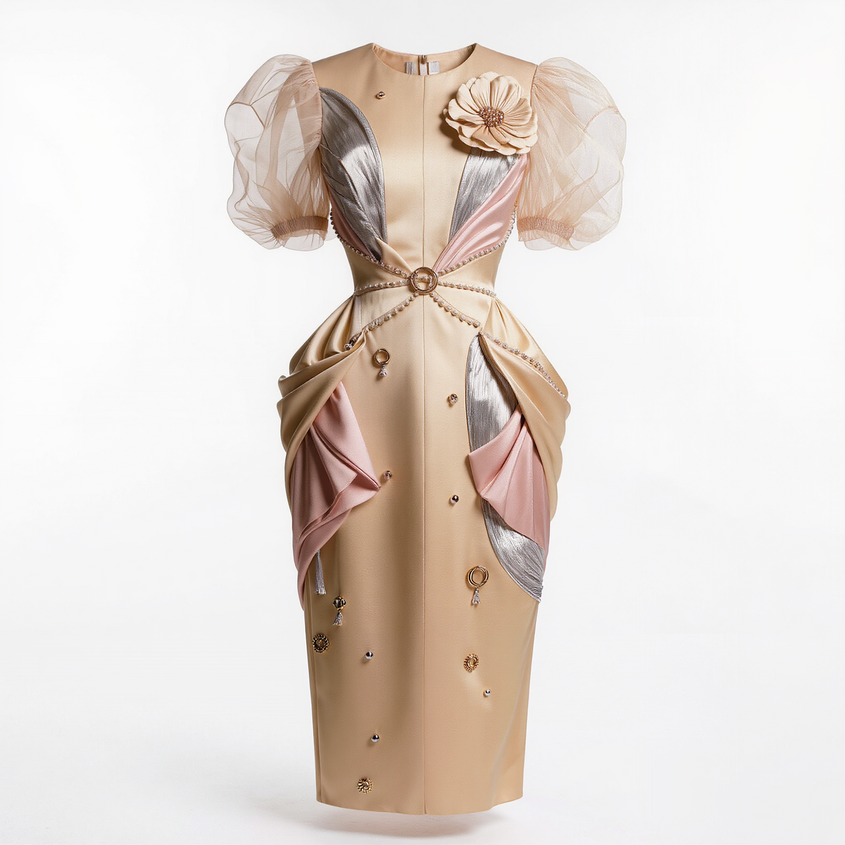 Women’s Champagne Embellished Puff-Sleeve Midi Dress – 3D Floral Appliqué Draped Formal Evening Dress