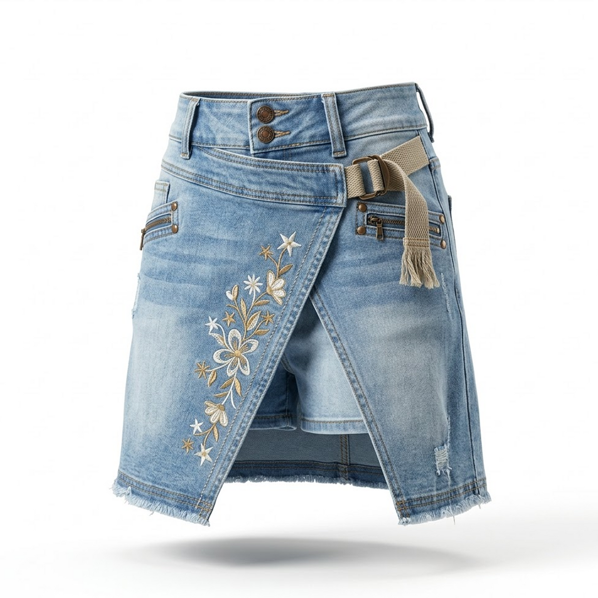 Women’s Vintage Embroidered Denim Skort – High-Waisted Asymmetric Wrap Skirt Shorts with Buckled Belt