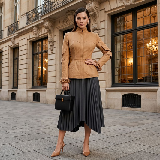 Women’s Camel Faux Leather Jacket – Stand-Collar Fitted Peplum Coat with Sculpted Seams and Lace Cuffs