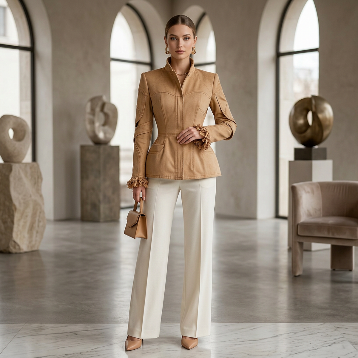 Women’s Camel Faux Leather Jacket – Stand-Collar Fitted Peplum Coat with Sculpted Seams and Lace Cuffs