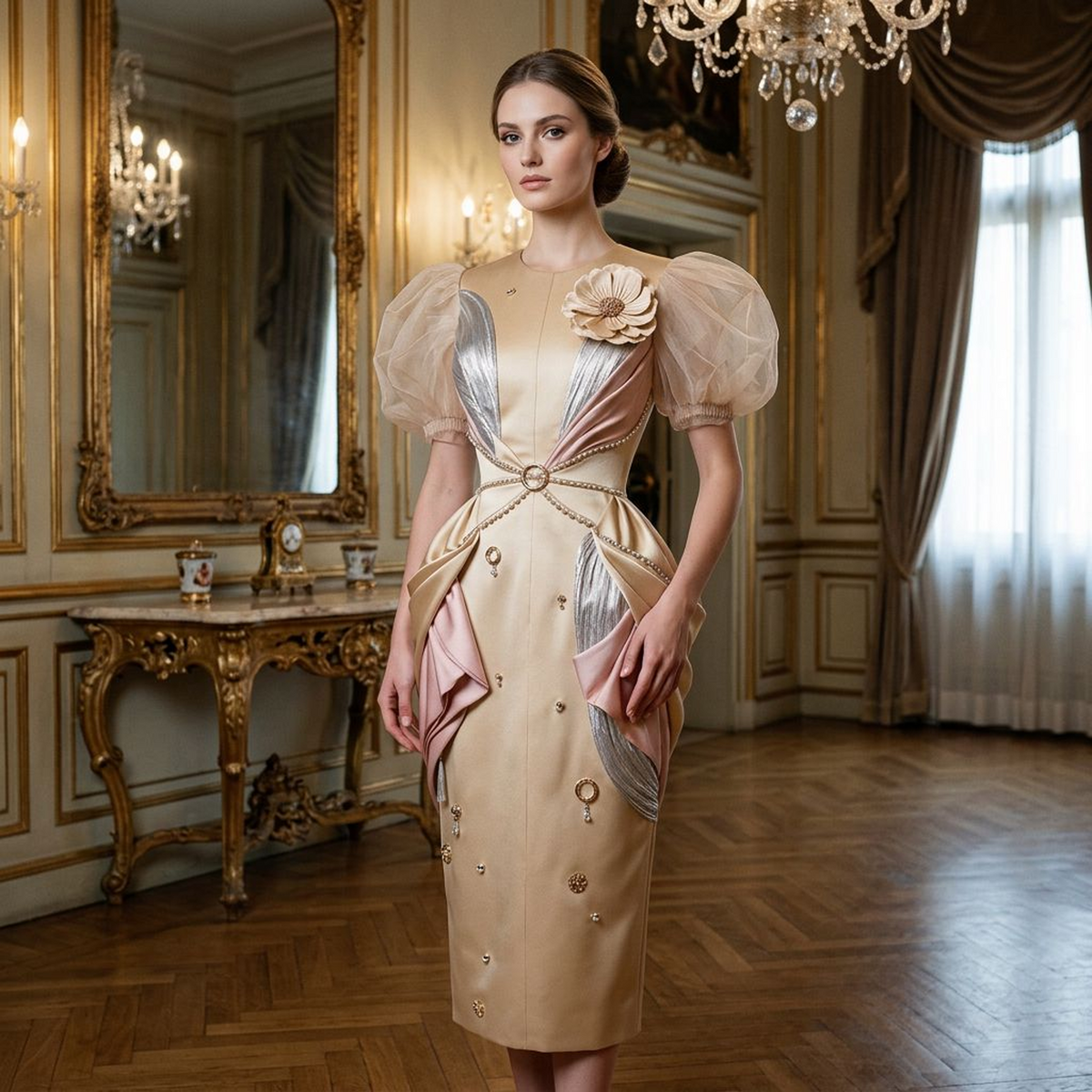 Women’s Champagne Embellished Puff-Sleeve Midi Dress – 3D Floral Appliqué Draped Formal Evening Dress