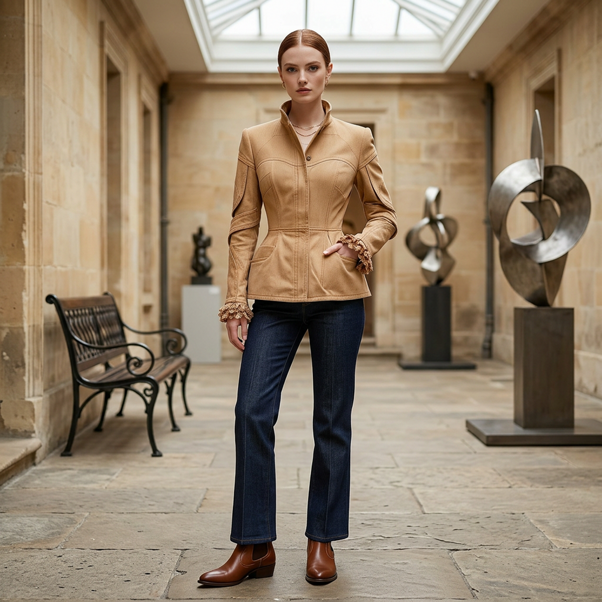 Women’s Camel Faux Leather Jacket – Stand-Collar Fitted Peplum Coat with Sculpted Seams and Lace Cuffs