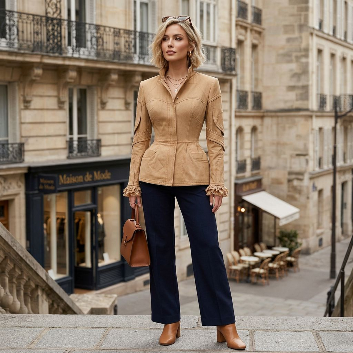 Women’s Camel Faux Leather Jacket – Stand-Collar Fitted Peplum Coat with Sculpted Seams and Lace Cuffs