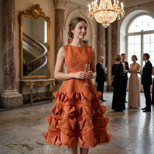 Women’s Burnt Orange 3D Ruffle Maxi Dress – Sleeveless High-Waist Tiered A-Line Formal Gown
