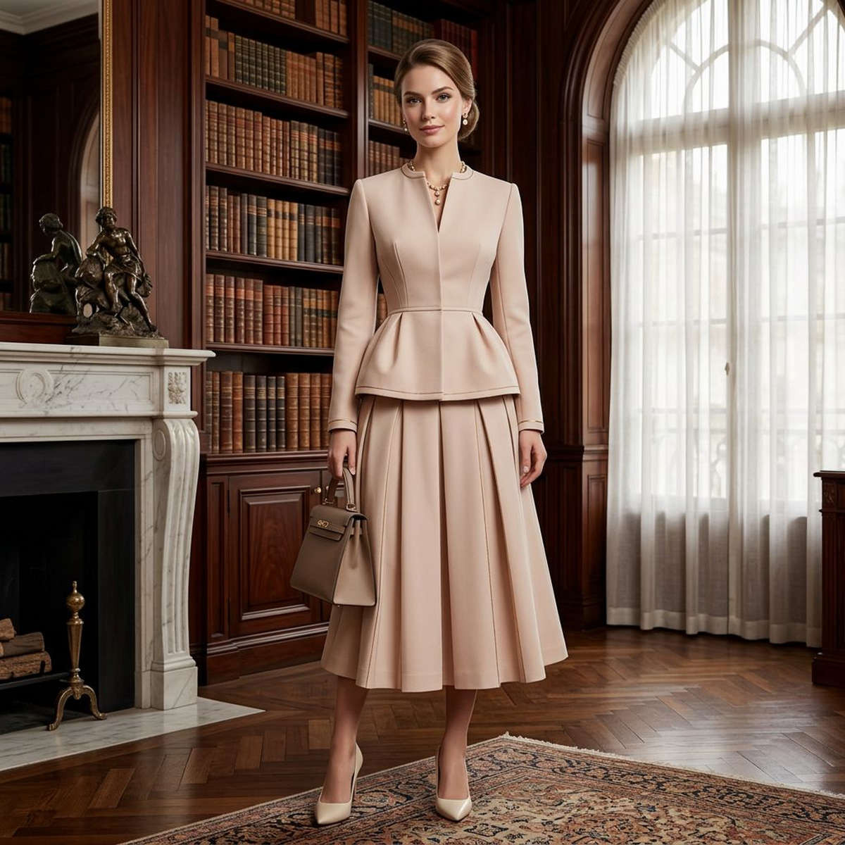 Women’s Ivory Collarless Peplum Blazer – Long-Sleeve Open-Front Fitted Jacket with Pleated Waist