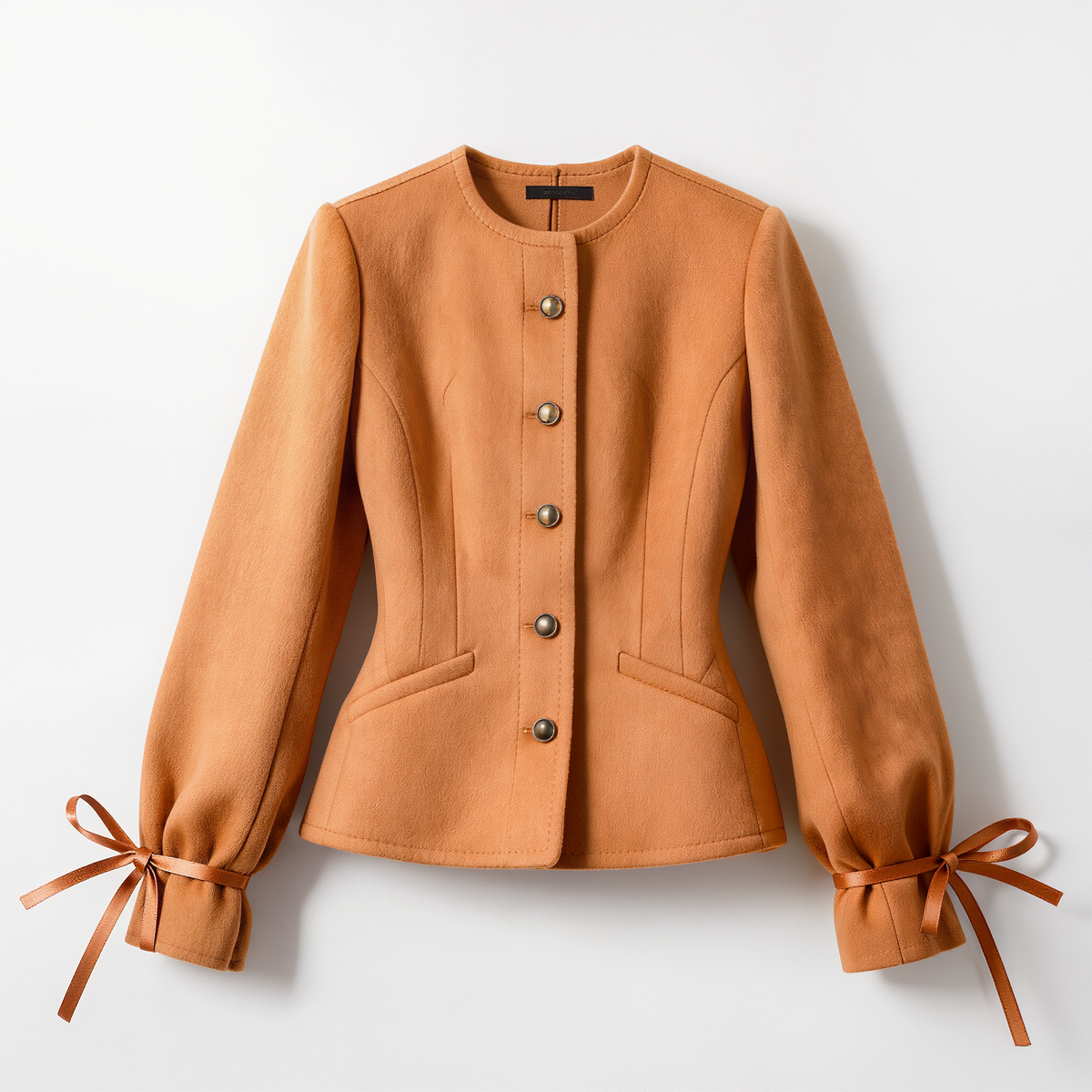 Women’s Camel Round-Neck Fitted Jacket – Bow-Cuff Long-Sleeve Button-Front Elegant Short Coat