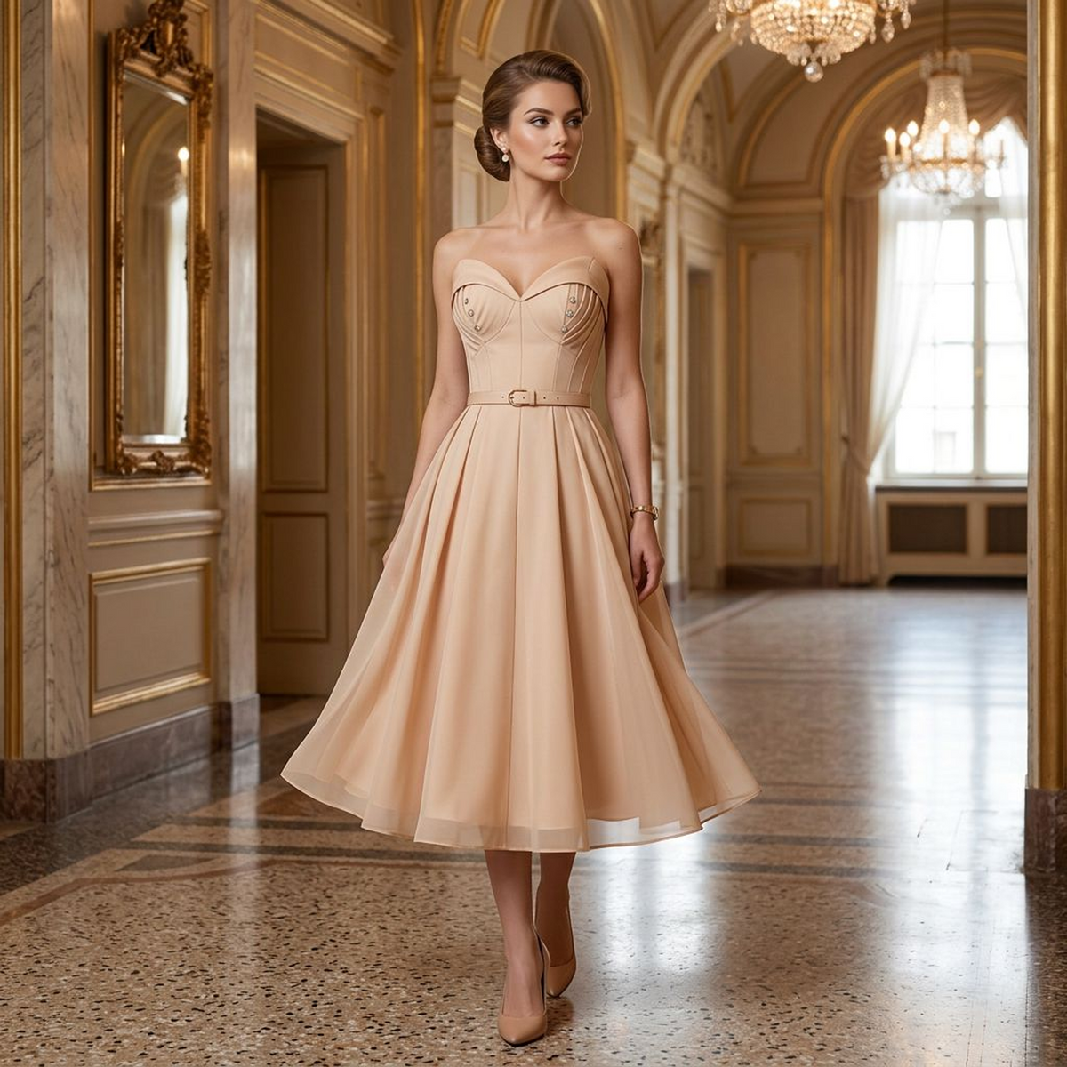 Women’s Champagne Strapless Midi Dress – Sweetheart Neckline, High-Waist A-Line Formal Party Dress