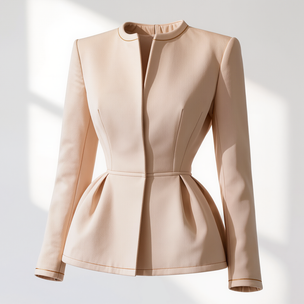 Women’s Ivory Collarless Peplum Blazer – Long-Sleeve Open-Front Fitted Jacket with Pleated Waist