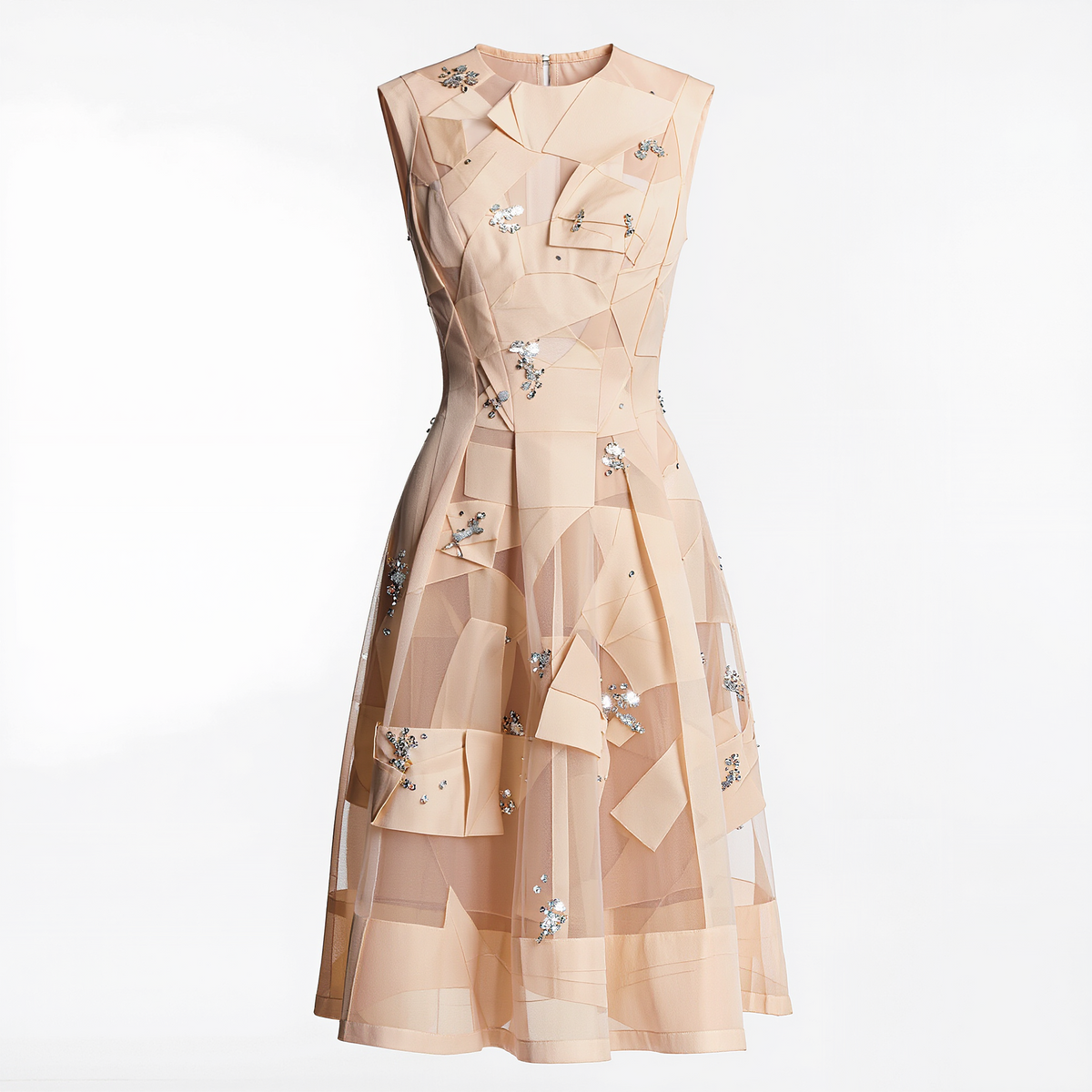 Women’s Champagne Embellished Patchwork Midi Dress – Sleeveless Sheer Mesh A-Line Formal Party Dress