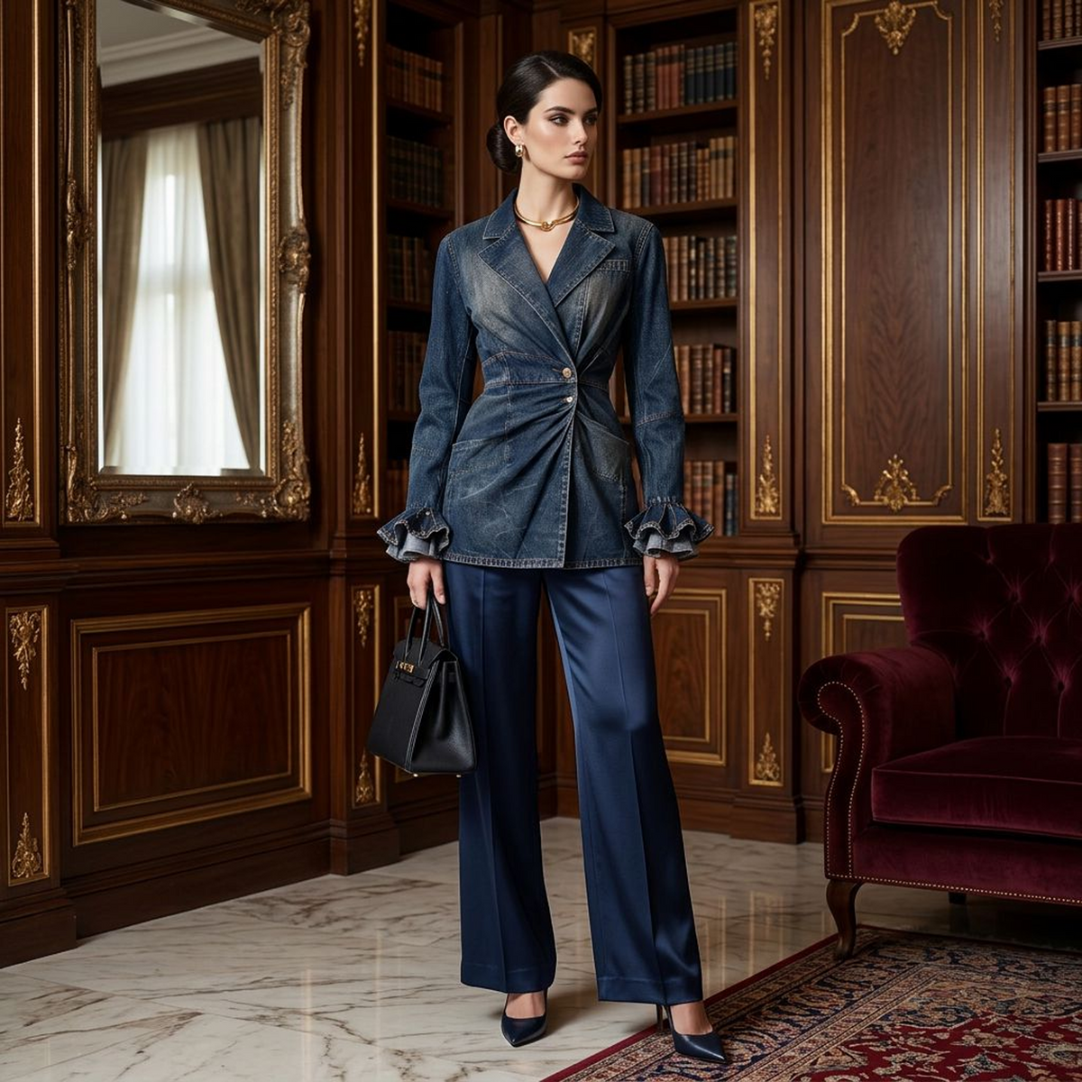 Women’s Vintage Washed Denim Blazer – Notched Lapel Ruched-Waist Long Jacket with Layered Ruffle Cuffs