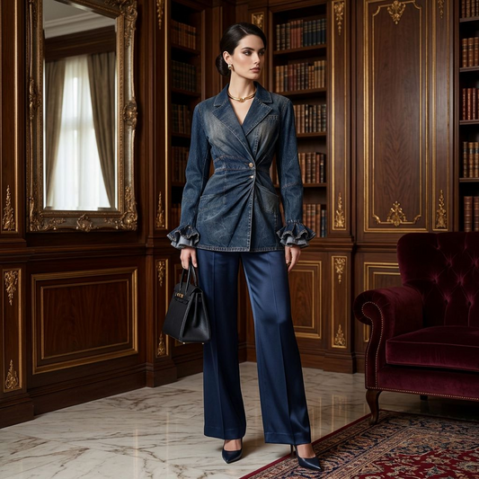 Women’s Vintage Washed Denim Blazer – Notched Lapel Ruched-Waist Long Jacket with Layered Ruffle Cuffs
