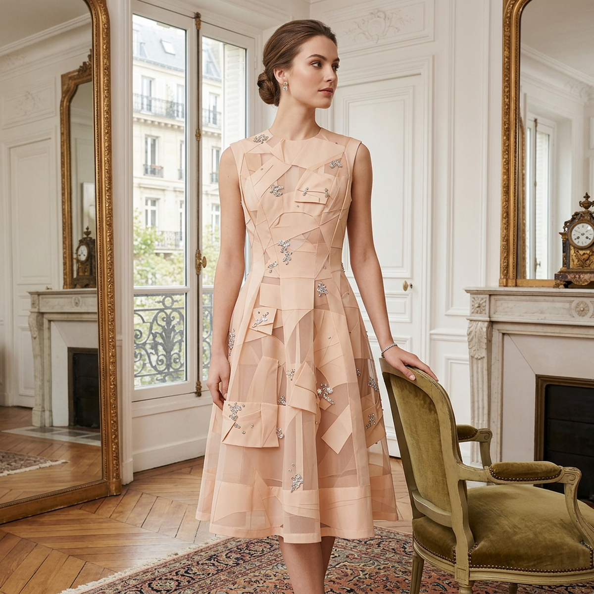 Women’s Champagne Embellished Patchwork Midi Dress – Sleeveless Sheer Mesh A-Line Formal Party Dress