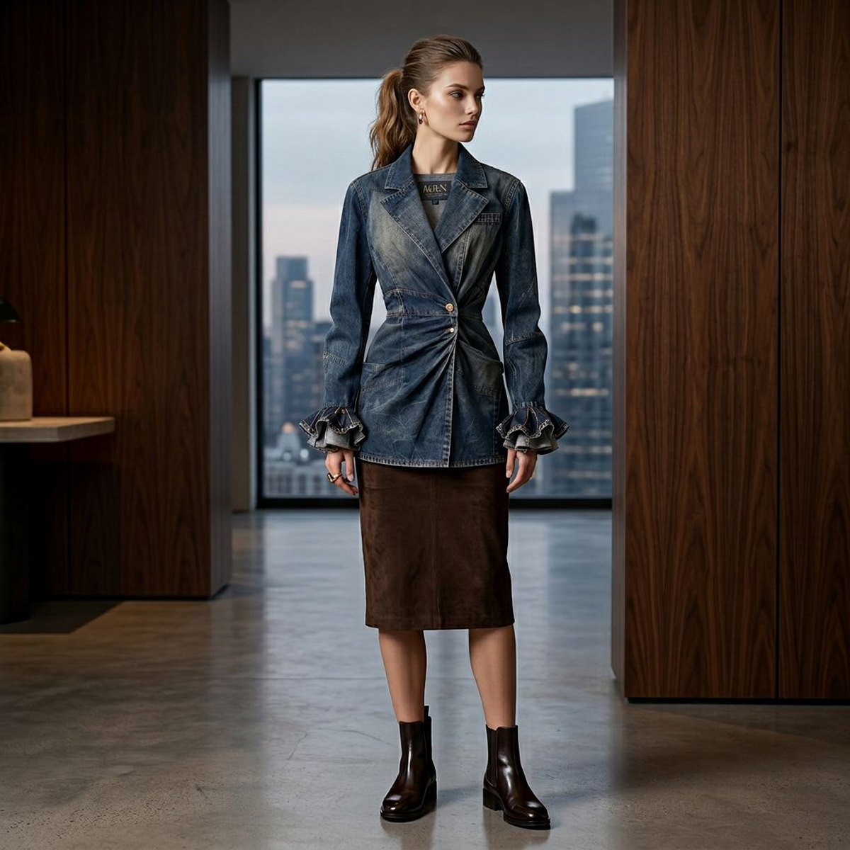 Women’s Vintage Washed Denim Blazer – Notched Lapel Ruched-Waist Long Jacket with Layered Ruffle Cuffs