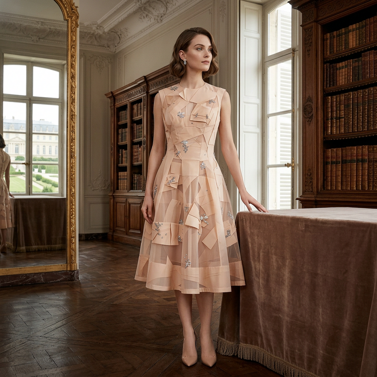 Women’s Champagne Embellished Patchwork Midi Dress – Sleeveless Sheer Mesh A-Line Formal Party Dress