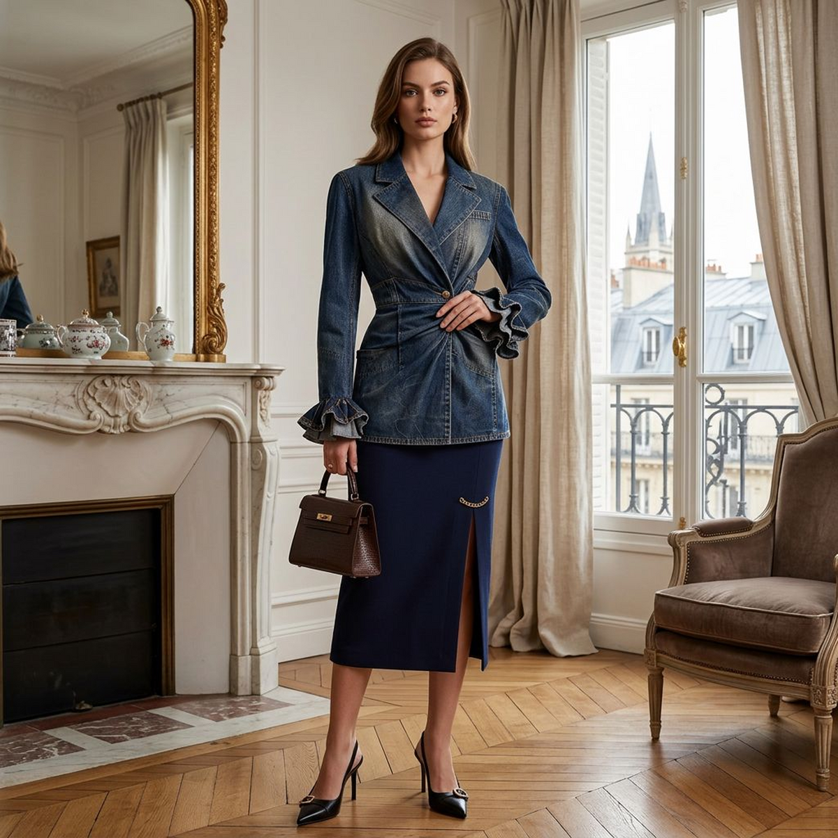 Women’s Vintage Washed Denim Blazer – Notched Lapel Ruched-Waist Long Jacket with Layered Ruffle Cuffs