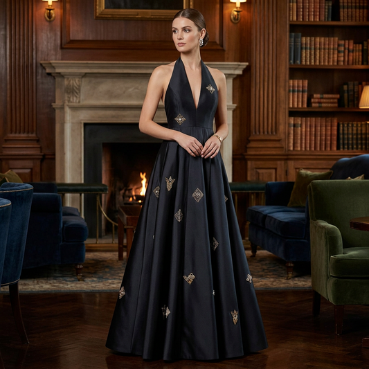 Women’s Black Halter-Neck Embellished Maxi Dress – Deep V-Neck High-Waist A-Line Formal Evening Gown