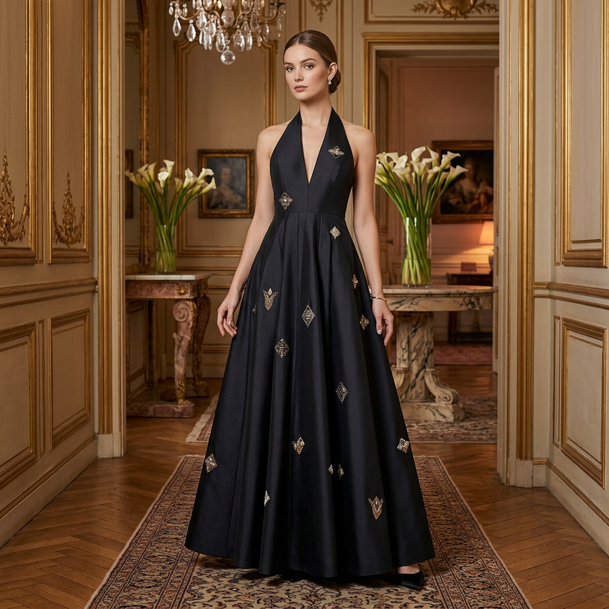 Women’s Black Halter-Neck Embellished Maxi Dress – Deep V-Neck High-Waist A-Line Formal Evening Gown