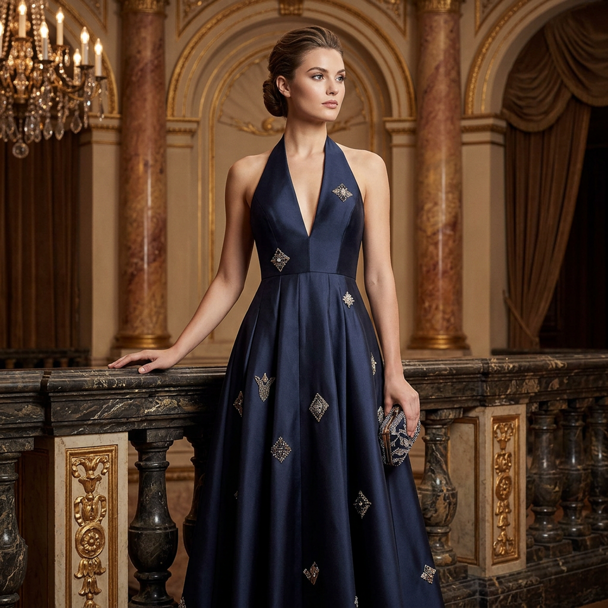 Women’s Black Halter-Neck Embellished Maxi Dress – Deep V-Neck High-Waist A-Line Formal Evening Gown