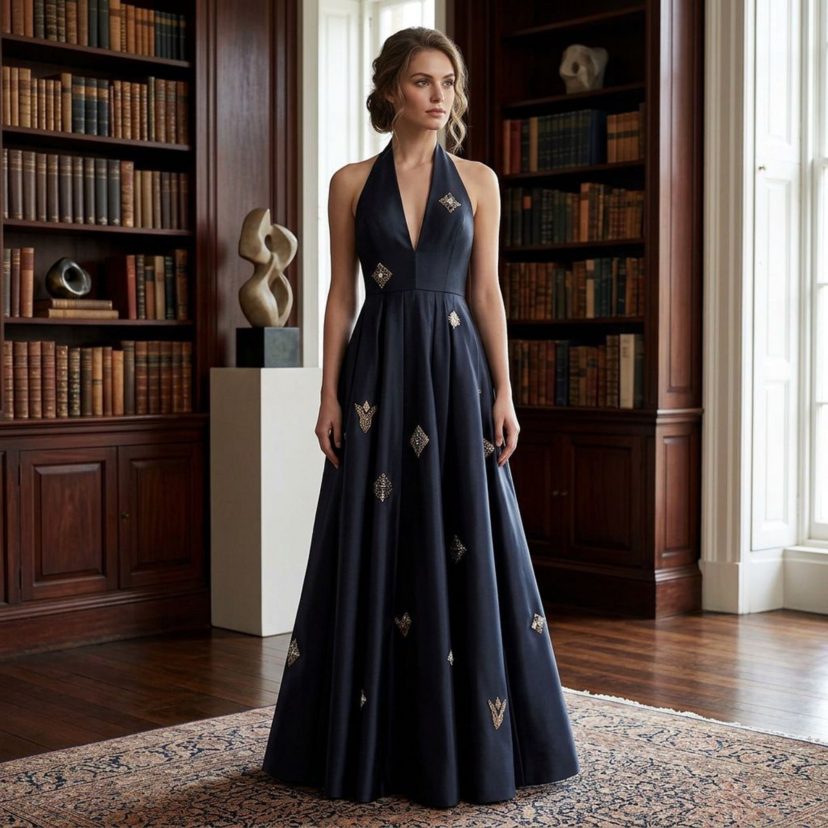 Women’s Black Halter-Neck Embellished Maxi Dress – Deep V-Neck High-Waist A-Line Formal Evening Gown