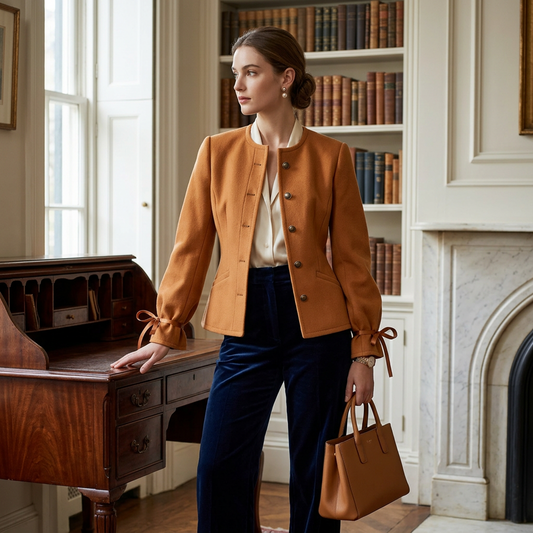 Women’s Camel Round-Neck Fitted Jacket – Bow-Cuff Long-Sleeve Button-Front Elegant Short Coat