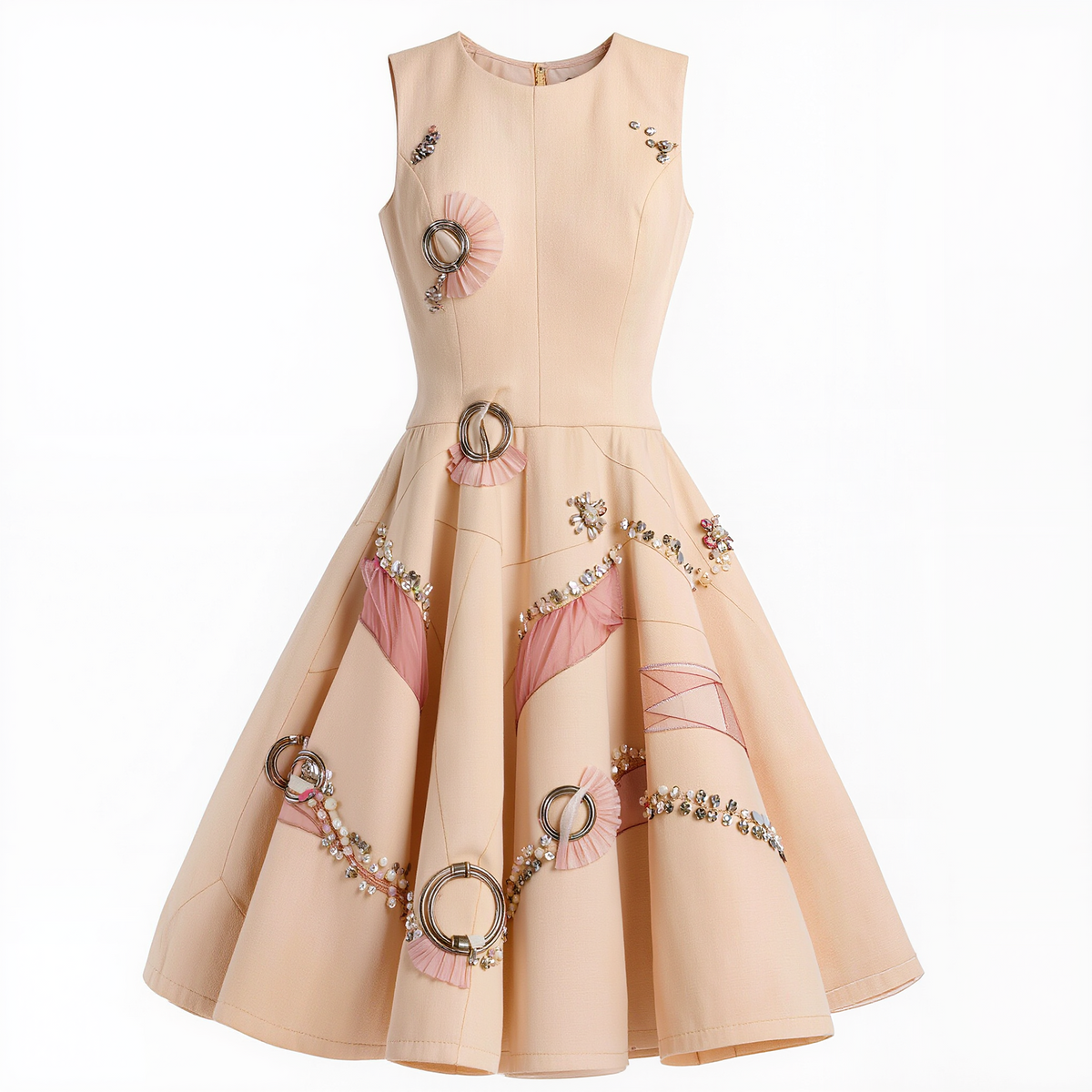 Women’s Champagne Embellished A-Line Midi Dress – Sleeveless Rhinestone Appliqué Fit-and-Flare Party Dress