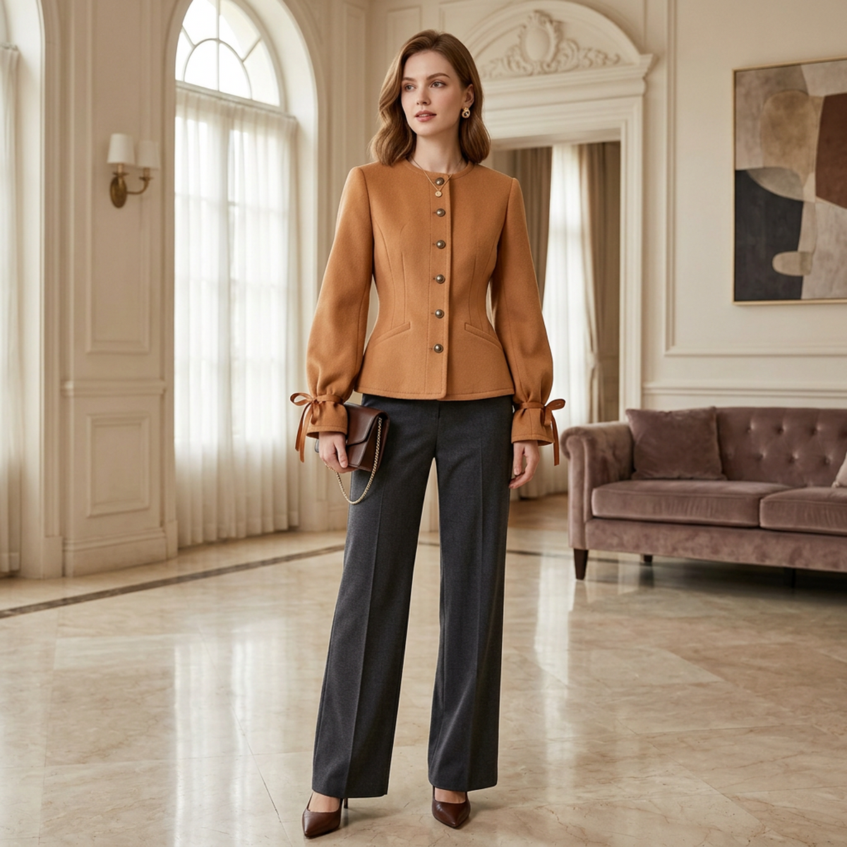 Women’s Camel Round-Neck Fitted Jacket – Bow-Cuff Long-Sleeve Button-Front Elegant Short Coat